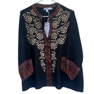 Love Kyla Embroidered Black Boho Tunic Blouse Sz  M India Folk Floral Ethnic NWT